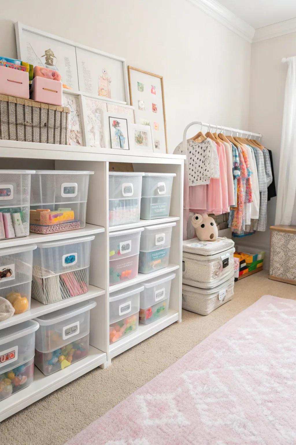 Clear bins for easy access and neat storage in the nursery.