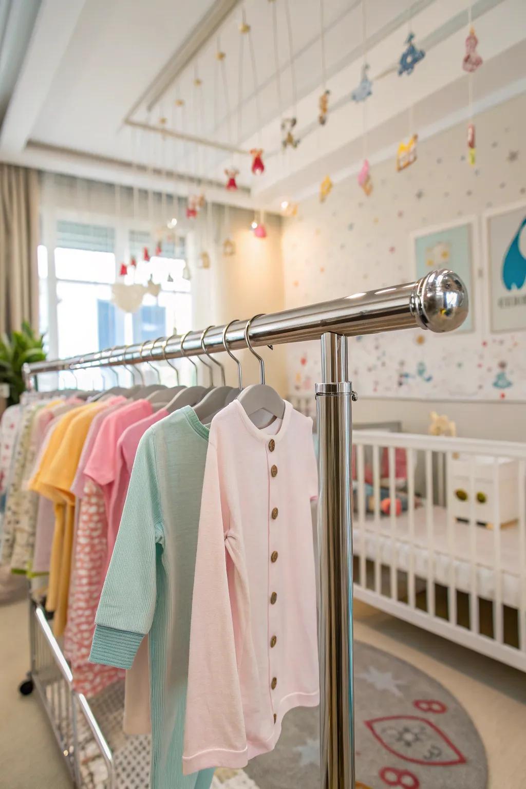 Suspension rails furnish a refined answer for housing baby garments in small areas.