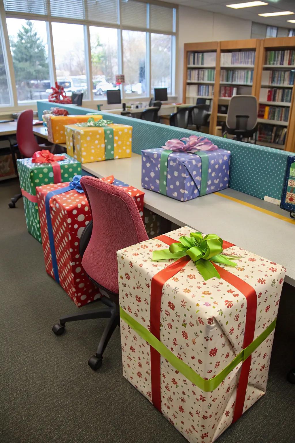 Present wrapping turns ordinary office furniture into festive surprises.