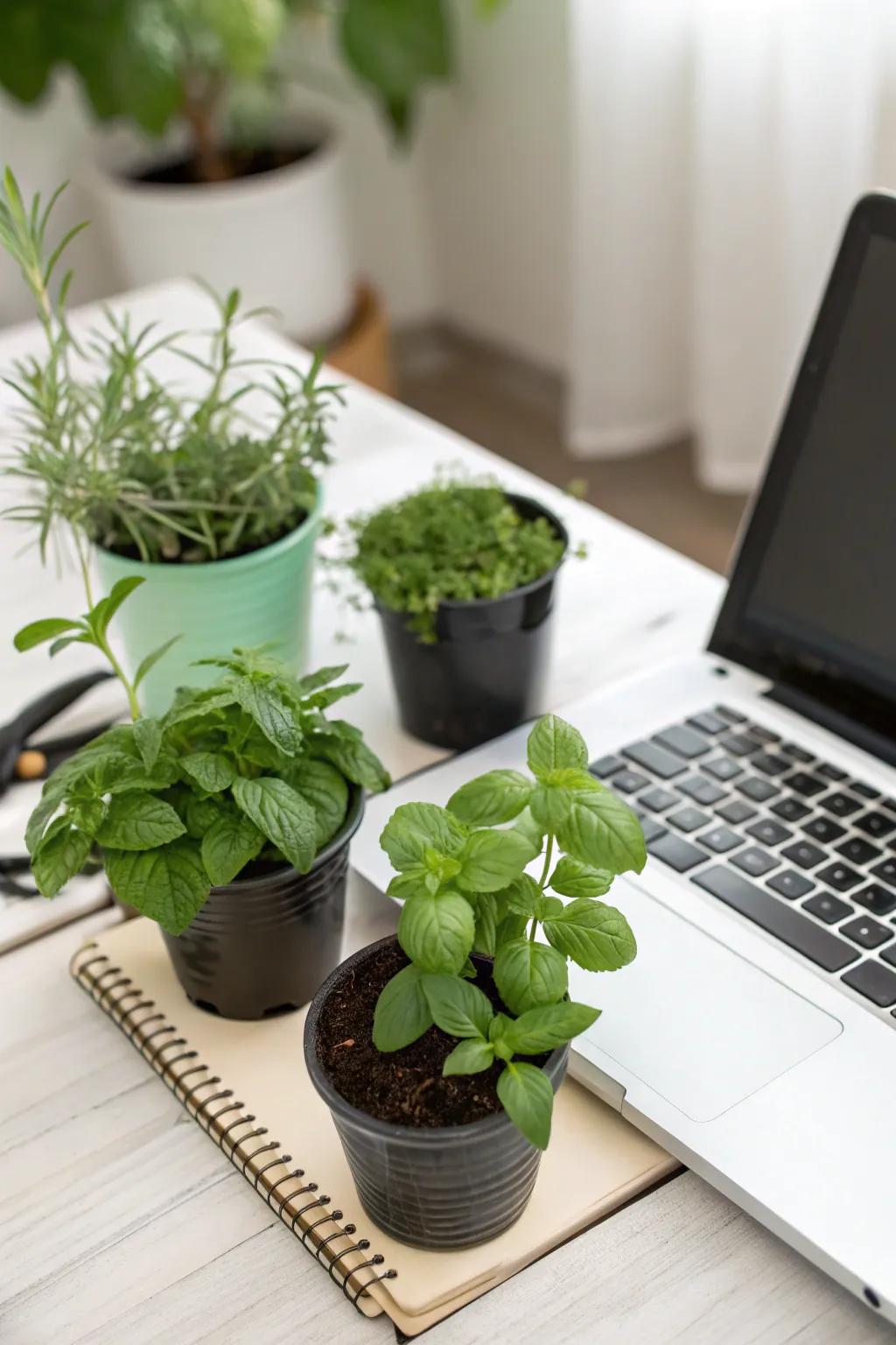 Add freshness and scent with small herb pots.