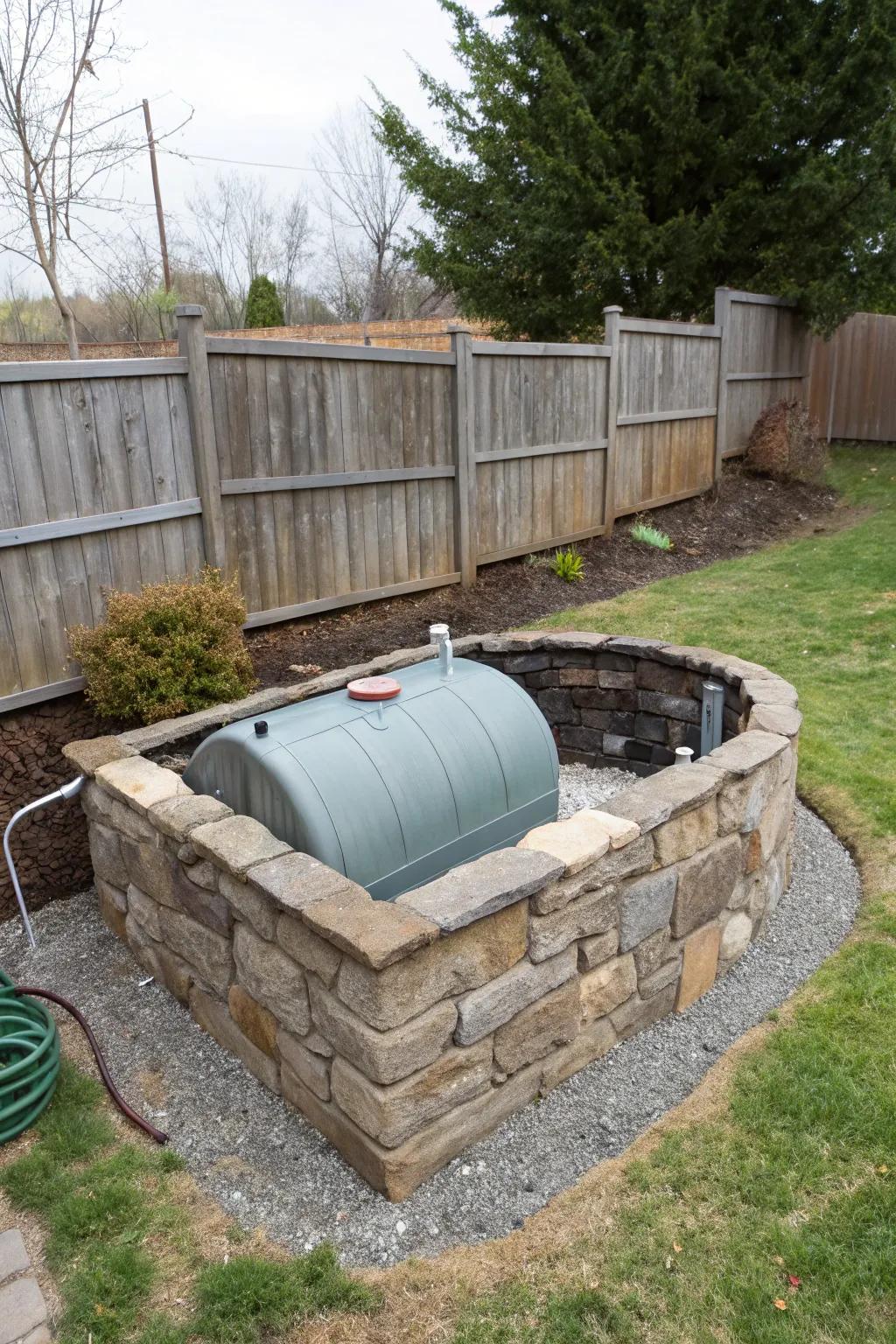 A sturdy stone wall gracefully concealing a fuel container.