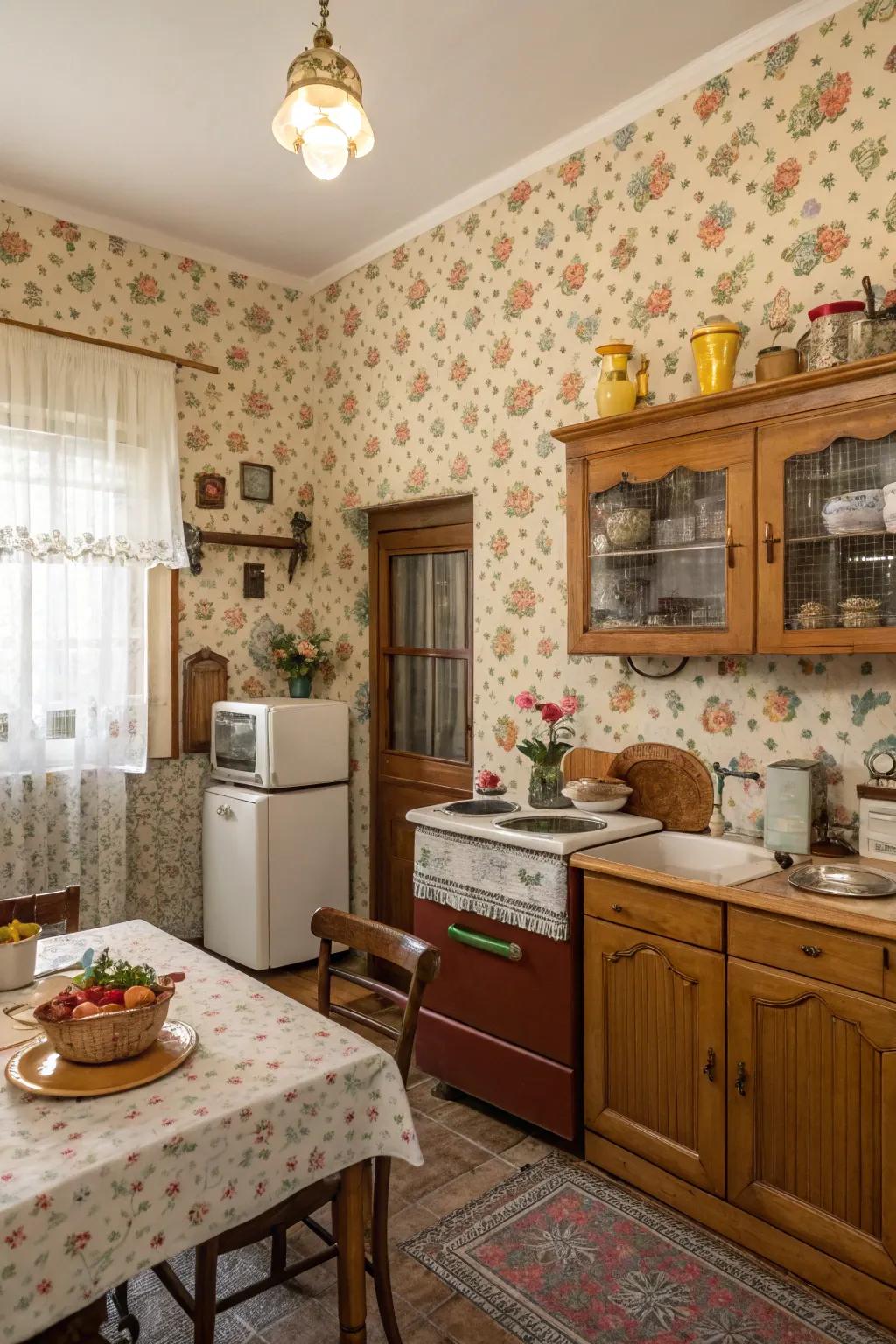 Vintage wallpaper brings color and historical charm.