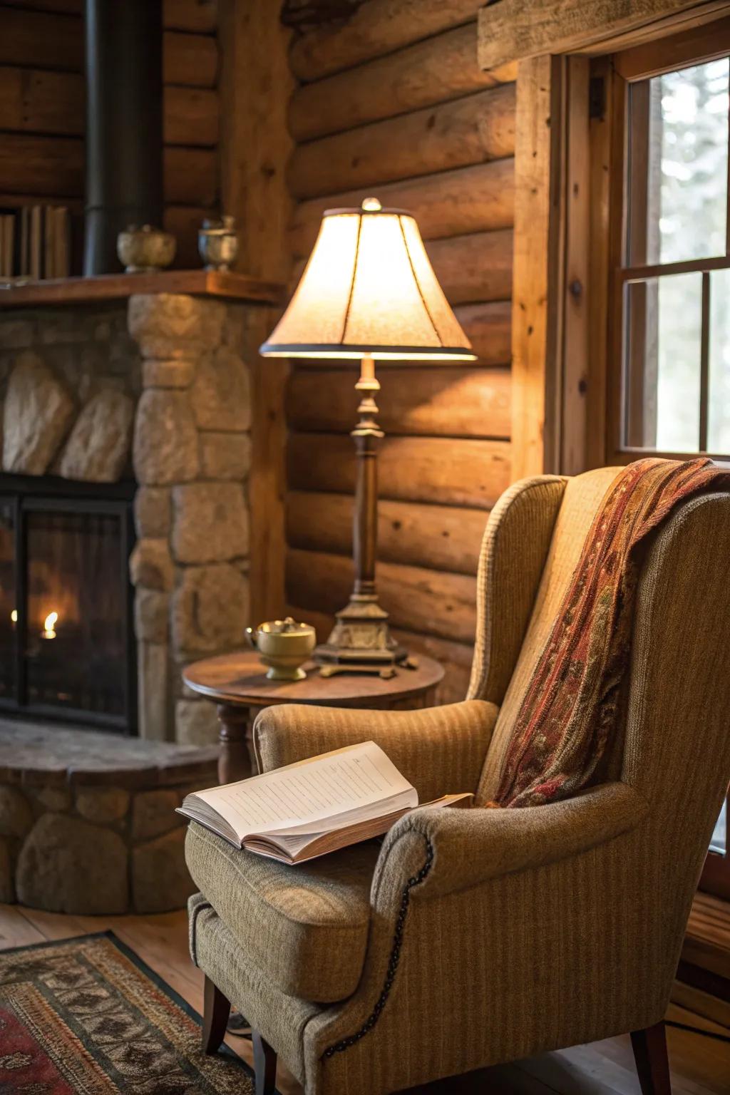 A cozy reading area in a country-style lodge featuring a comfortable armchair and lamp.