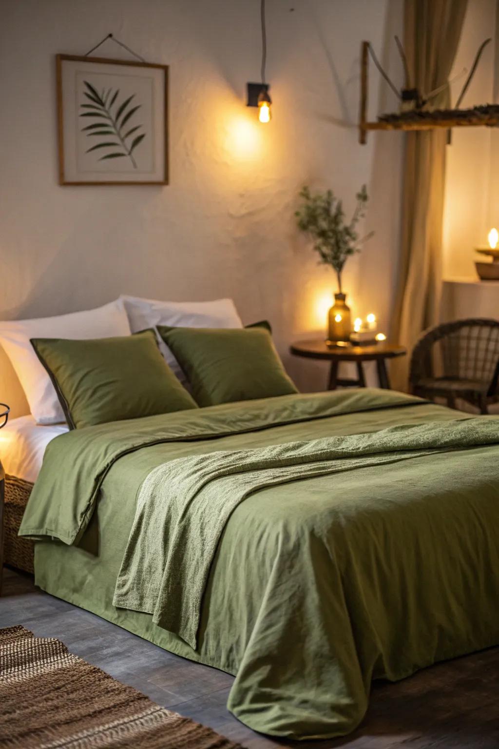 The soothing character of the bedding is emphasized through warm lighting.
