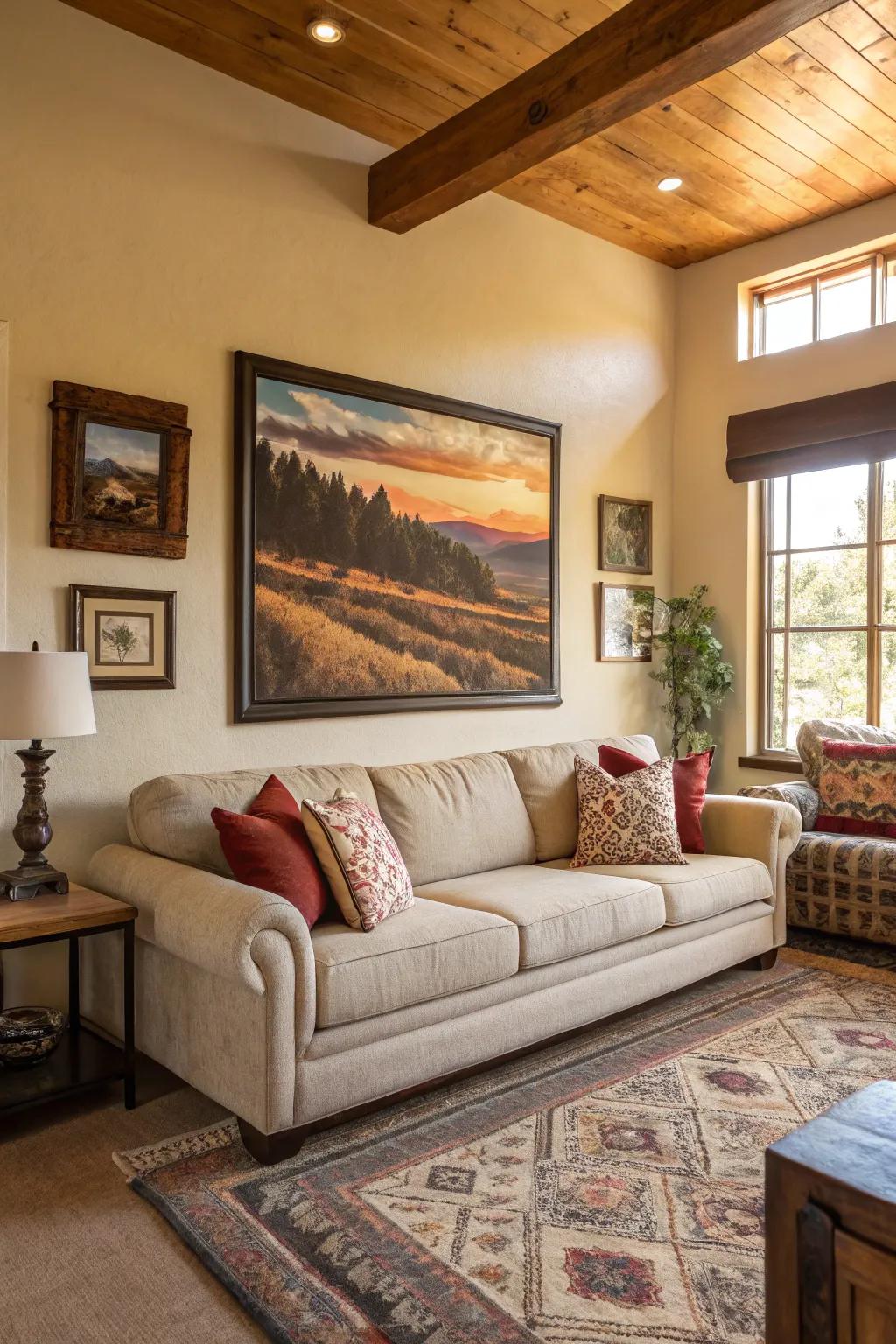 Artistic touches add character and interest to the living room.