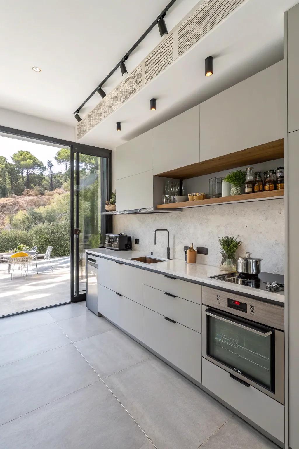 Multi-functional fixtures improve efficiency in a one-wall kitchen.