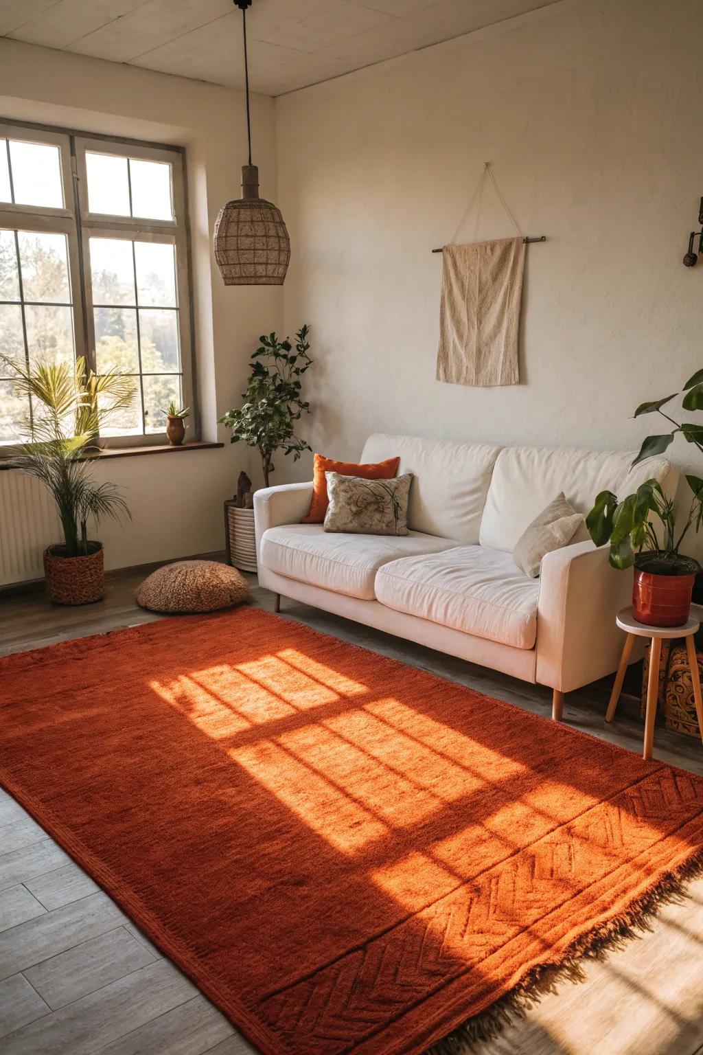 An orange rug adds warmth and depth to a cozy, minimalist room.