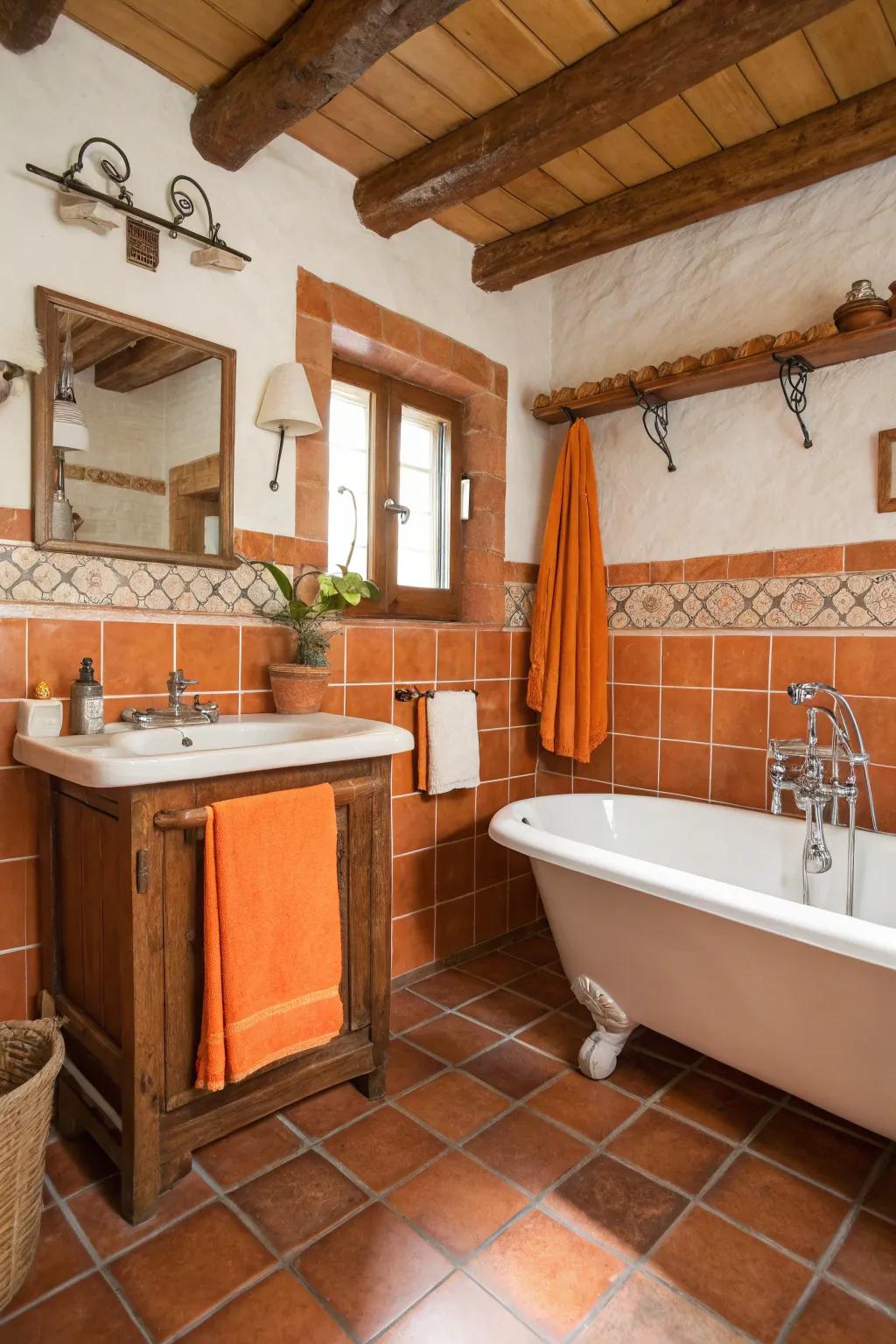 Rustic bathroom featuring terracotta tiles and orange accents.