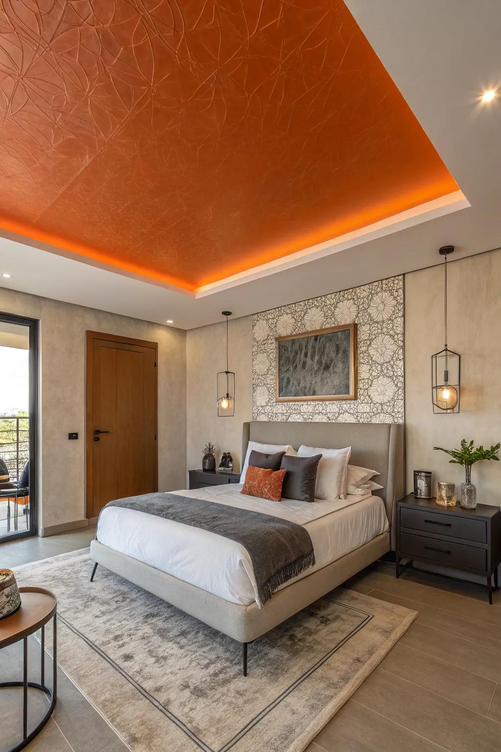 An orange ceiling introduces a bold and surprising twist.