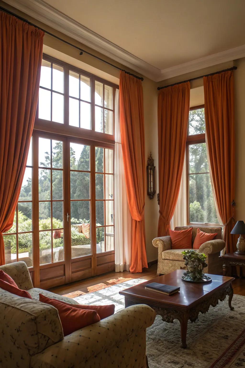 Sunlight enhancing the warmth of orange window coverings.