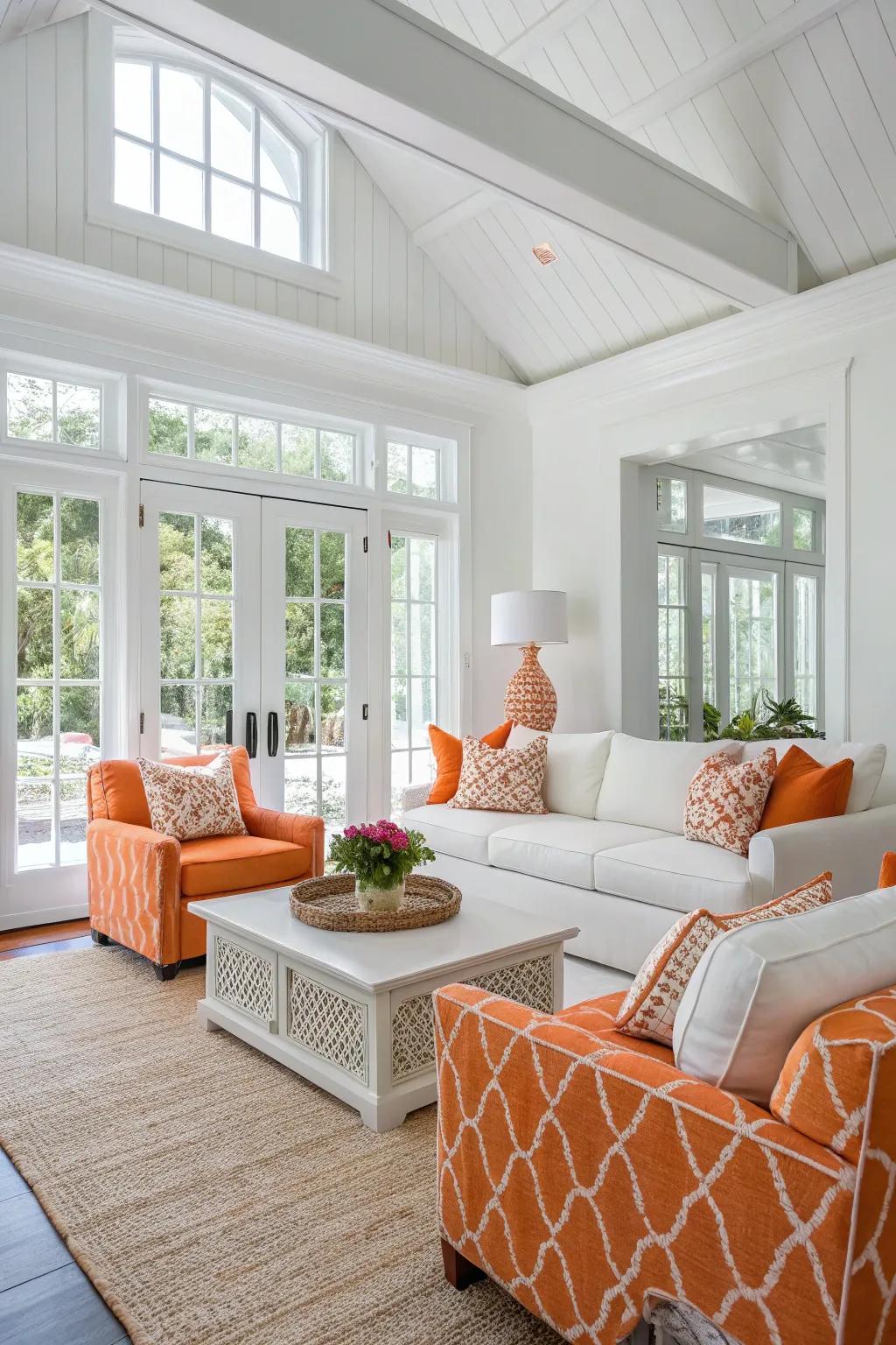 A fresh and modern living space with an orange and white color scheme.