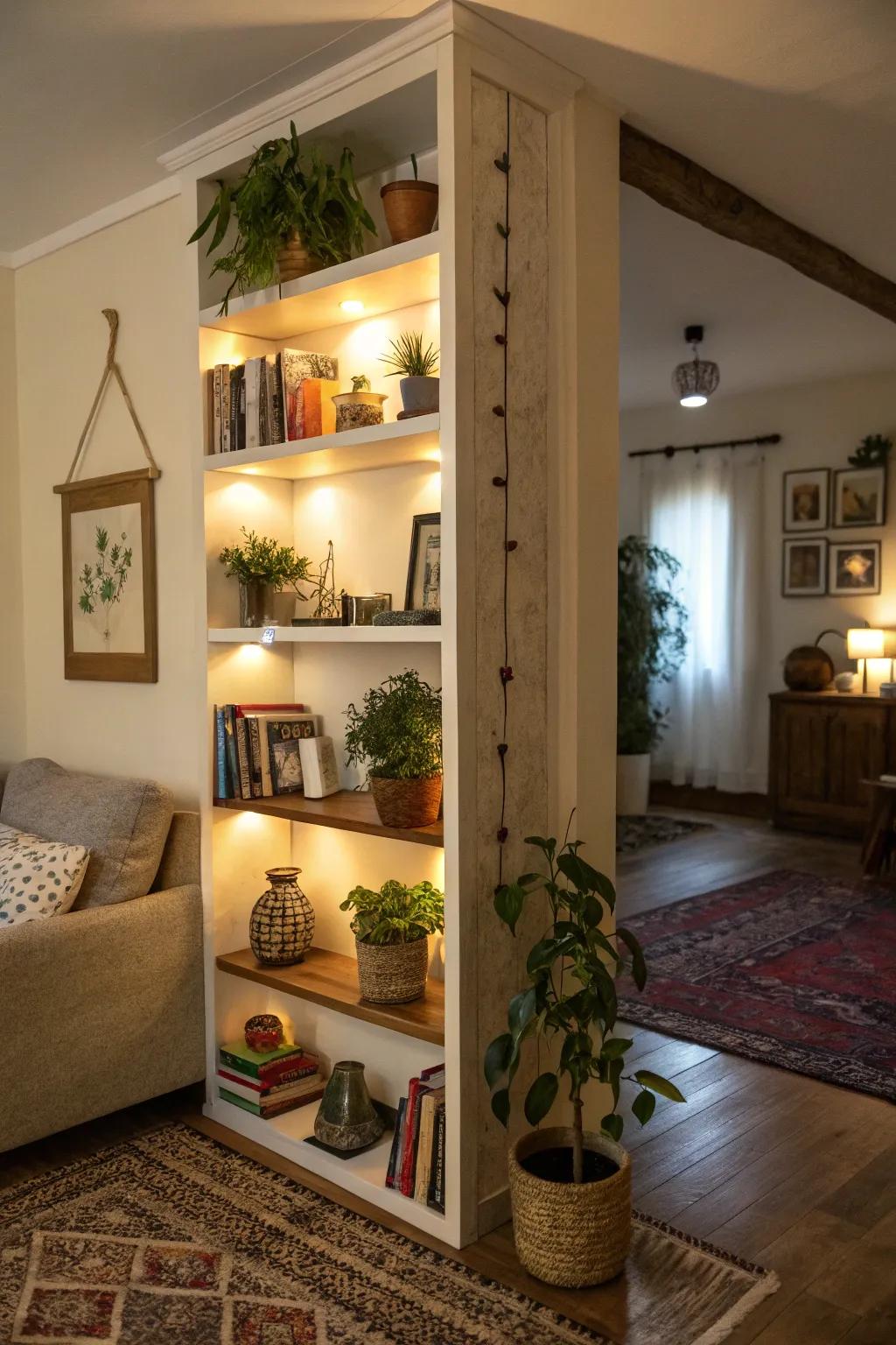 Corner shelves maximize area and highlight decor
