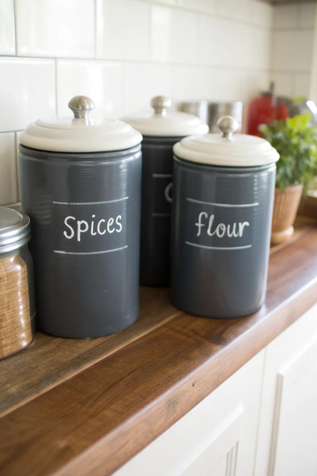 Chalkboard paint enables simple and changeable labeling.