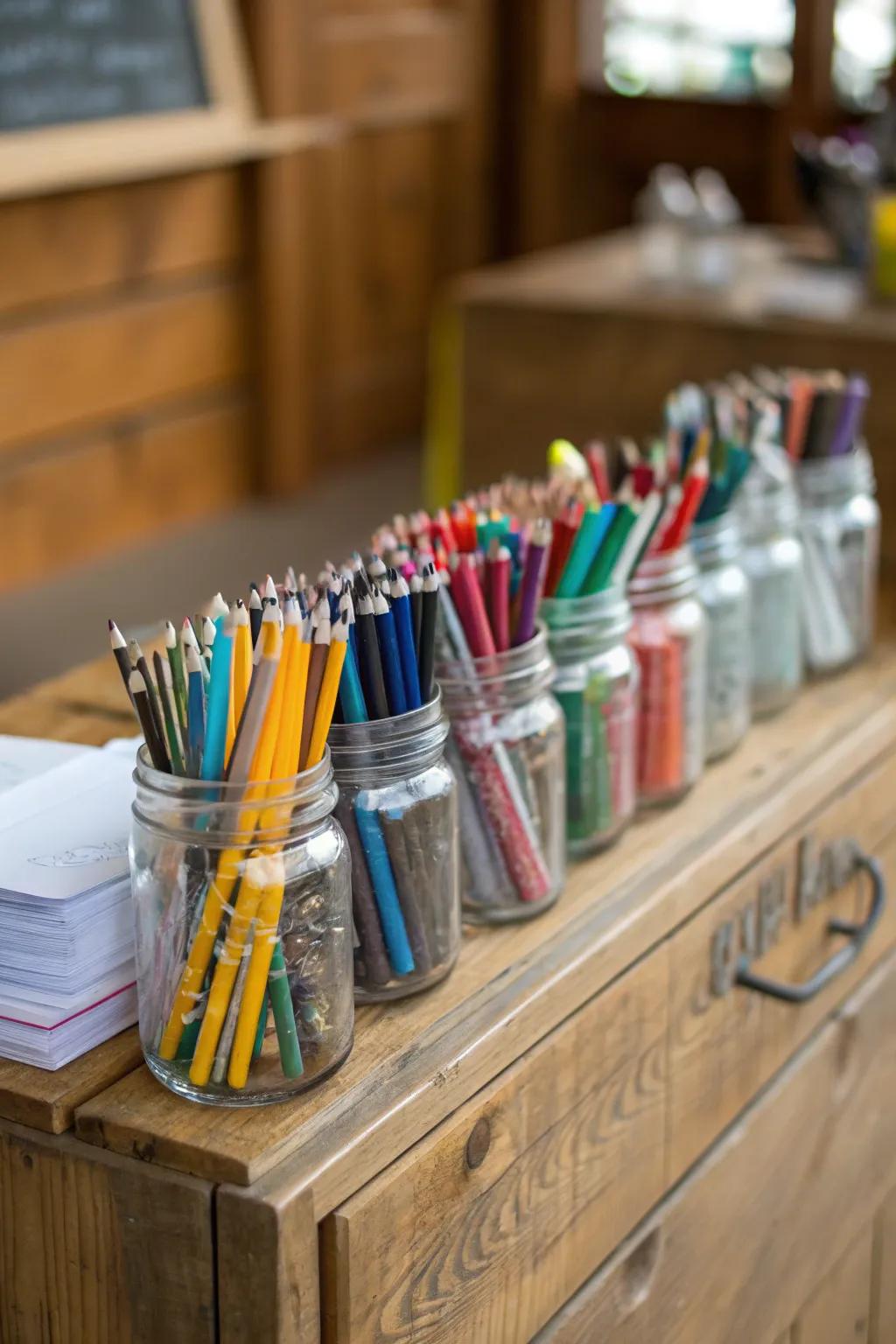 Mason jars add a rustic charm to organizing supplies.