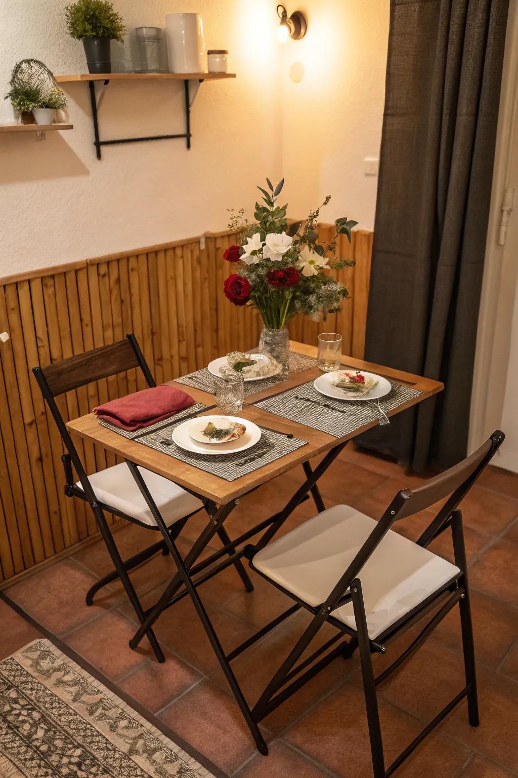 Collapsible furniture works well in small eating areas.