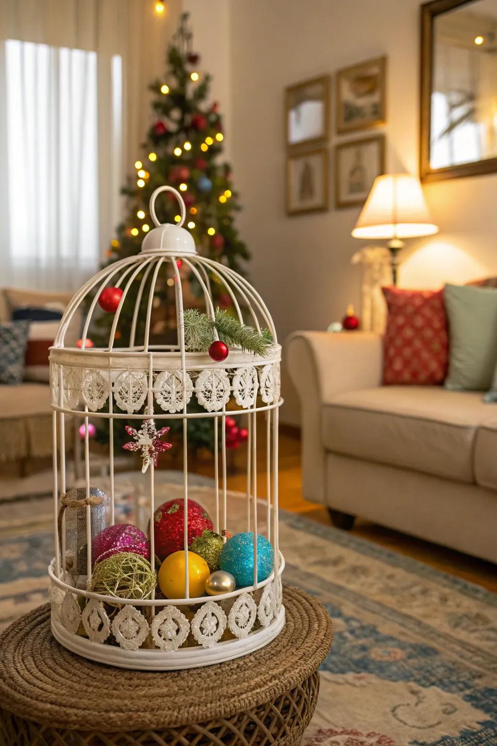 A fanciful aviary populated with ornaments.
