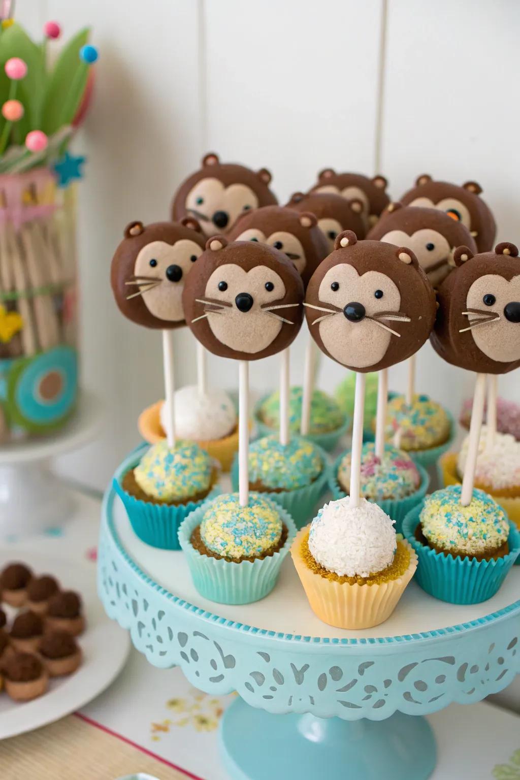 Relish otter-themed cake spheres for a delightful snack.