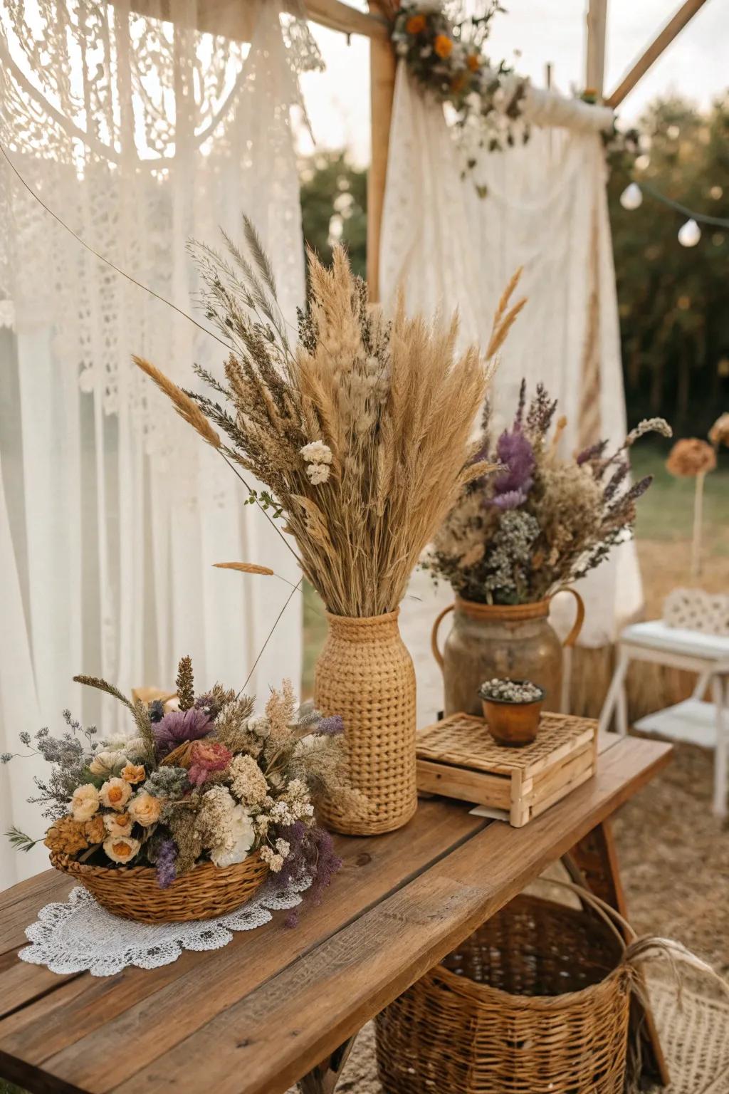 Ageless preserved blossom arrangements for a sustainable boho wedding.