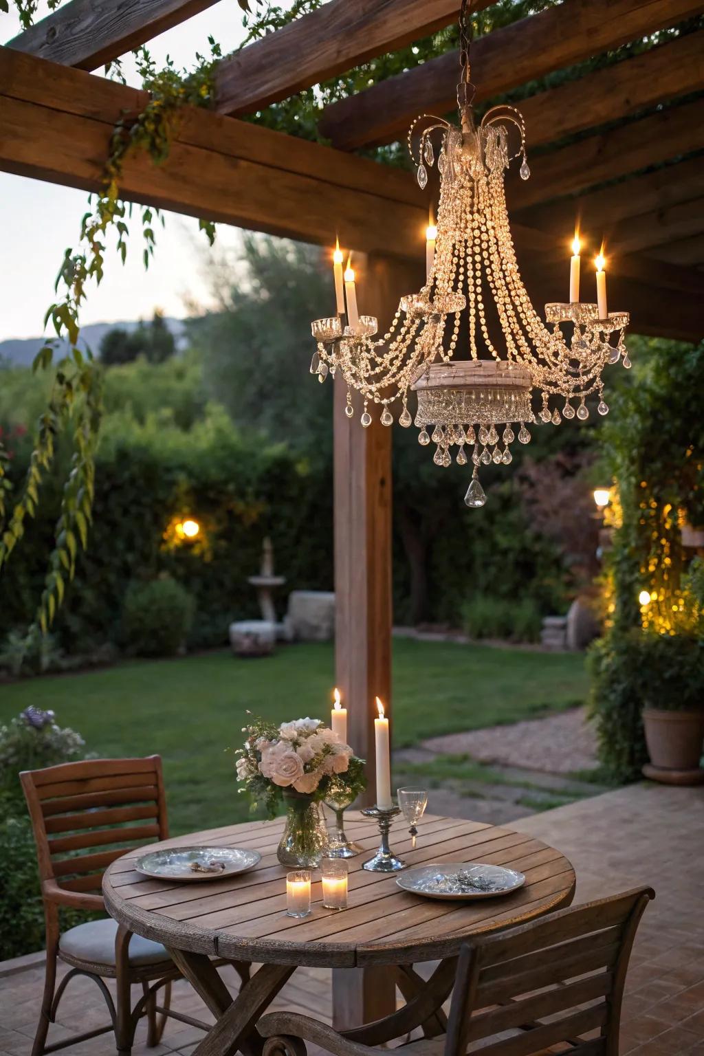Turn your patio into a sentimental hideaway with a crystal chandelier.