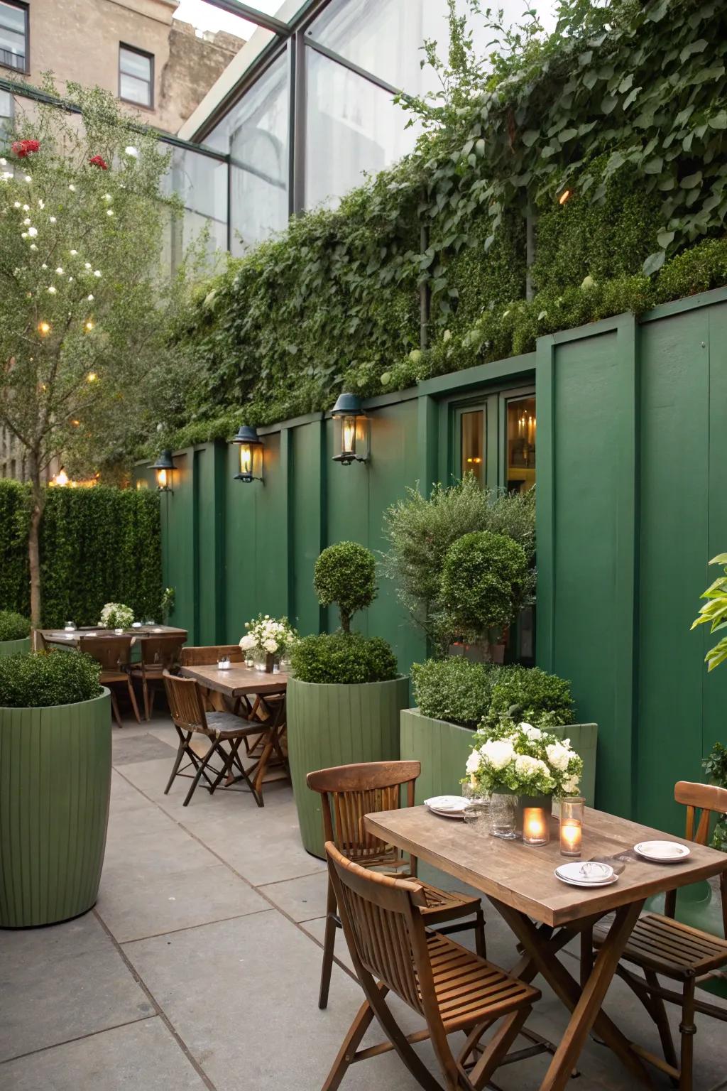 A private outdoor dining zone with lush verdant partitions.