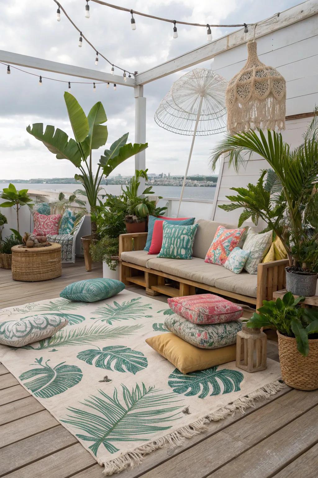 A tropical paradise achieved with rugs featuring palm imagery.
