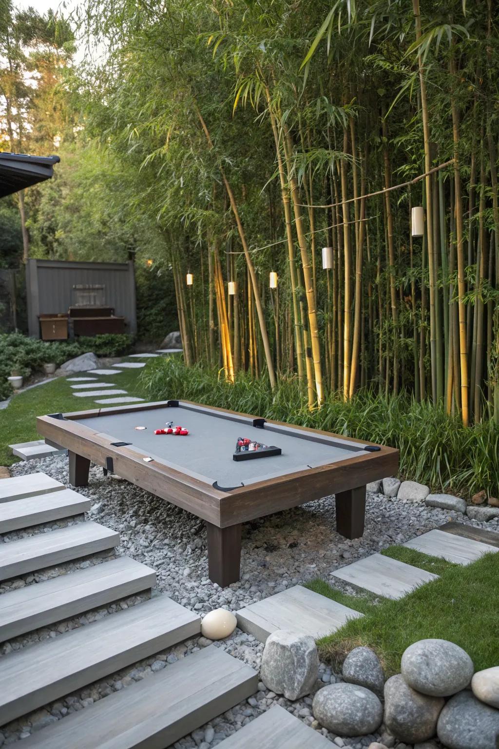A billiard table nestled within a tranquil Zen garden.