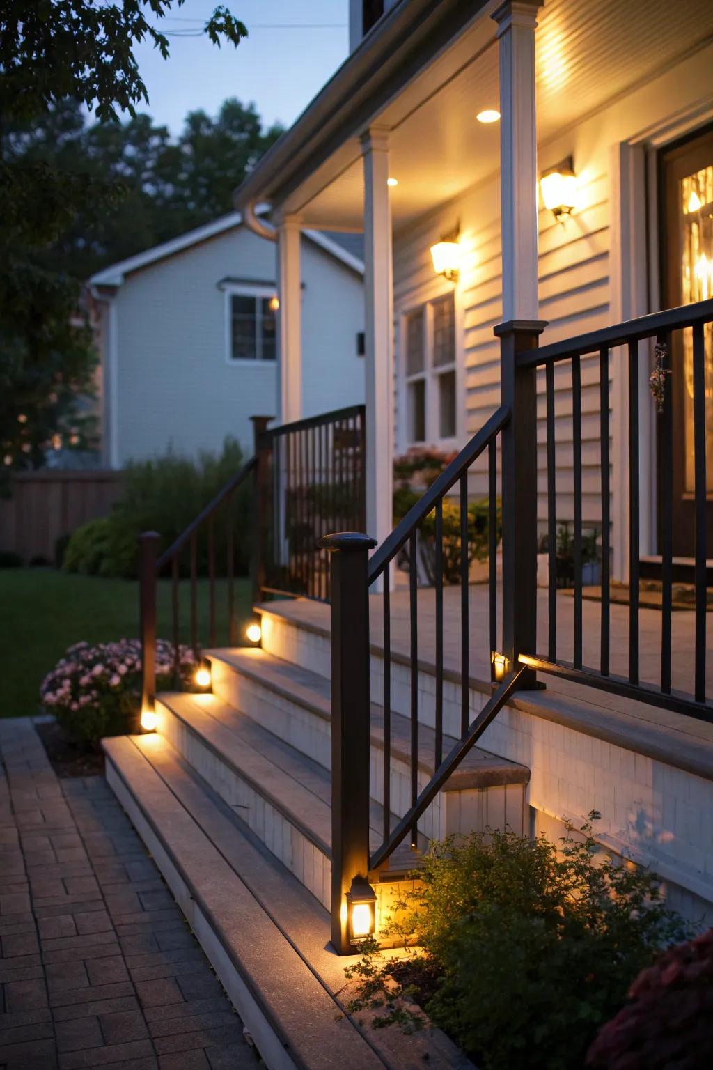 Rail luminaires contribute a subtle radiance to your porch.