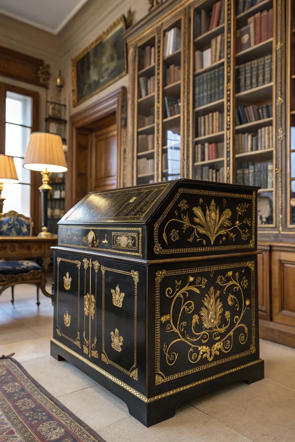 Timeless beauty with a dark and gilded chest.