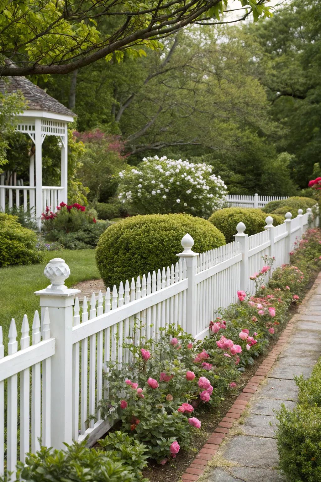 Classic white fences offer a timeless elegance.