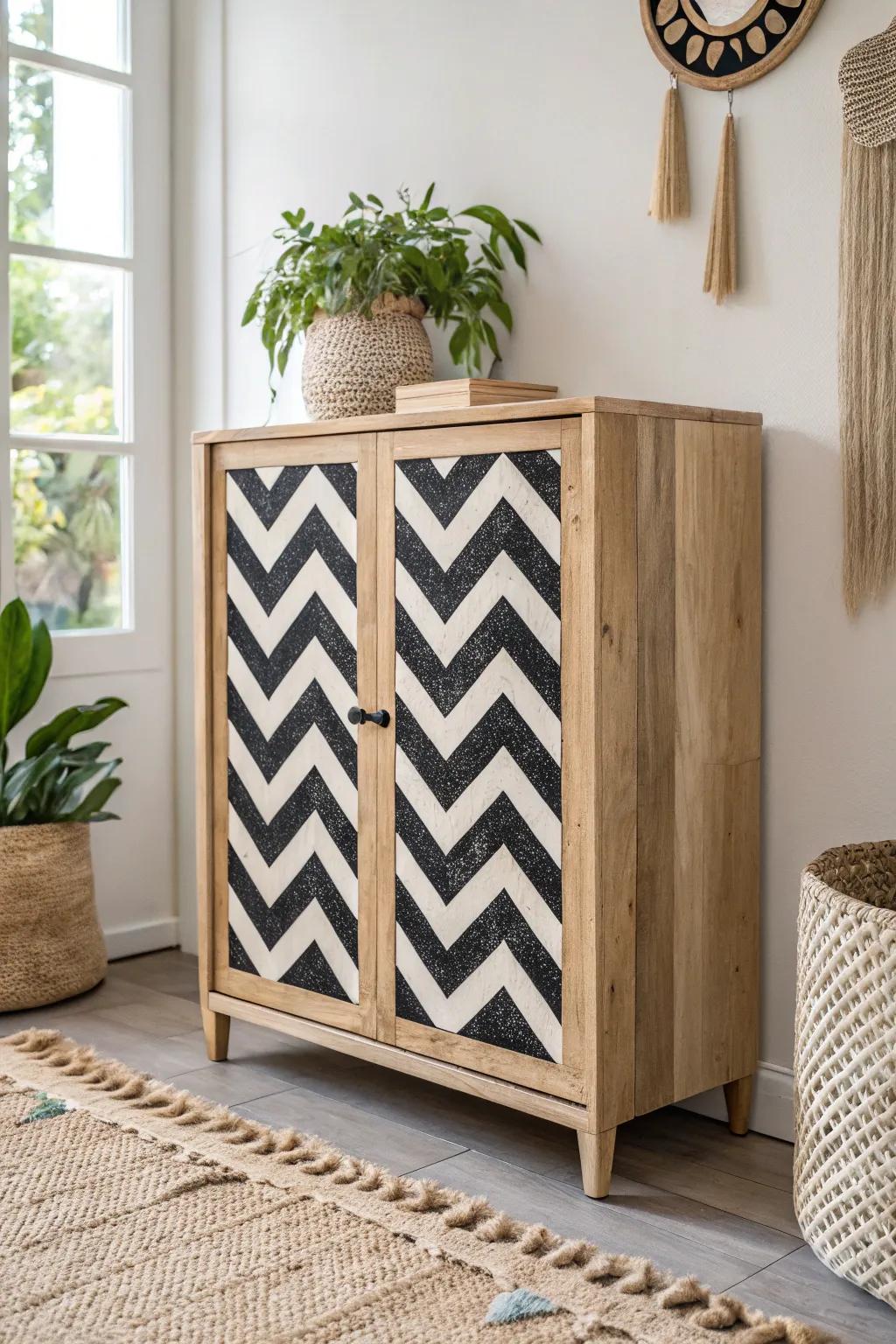 Elevate your space with this stunning chevron-patterned unit – where striking design meets natural beauty.