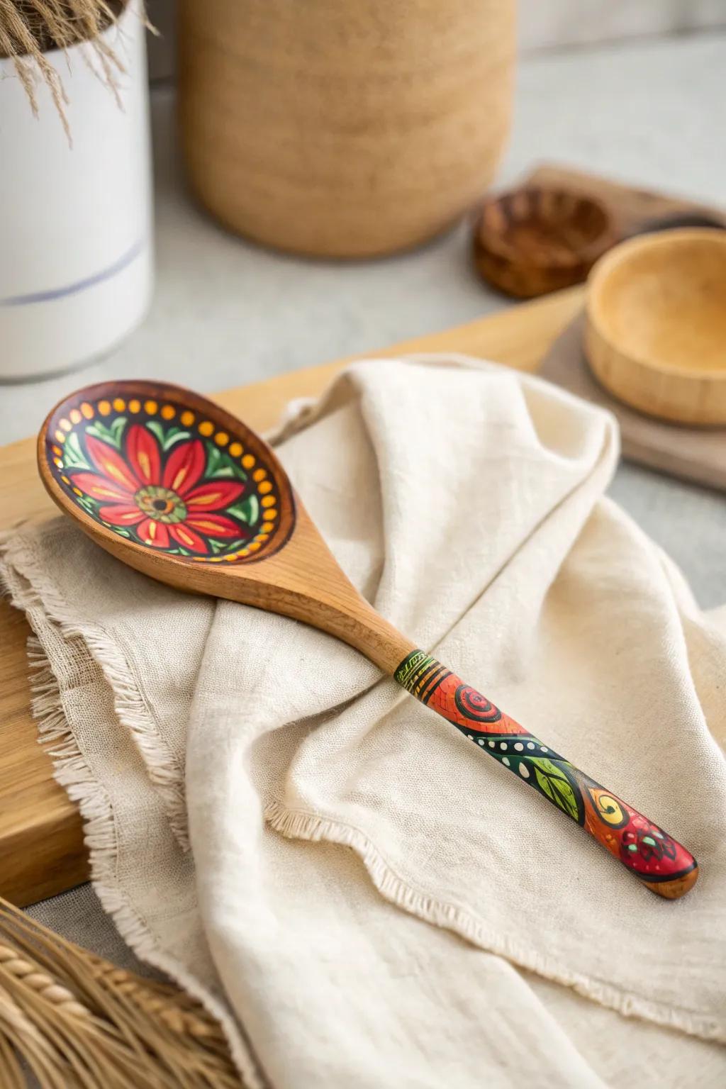 Elevate your culinary space with an infusion of color: exquisitely painted wooden utensils harmonizing Scandinavian simplicity with Boho charm.