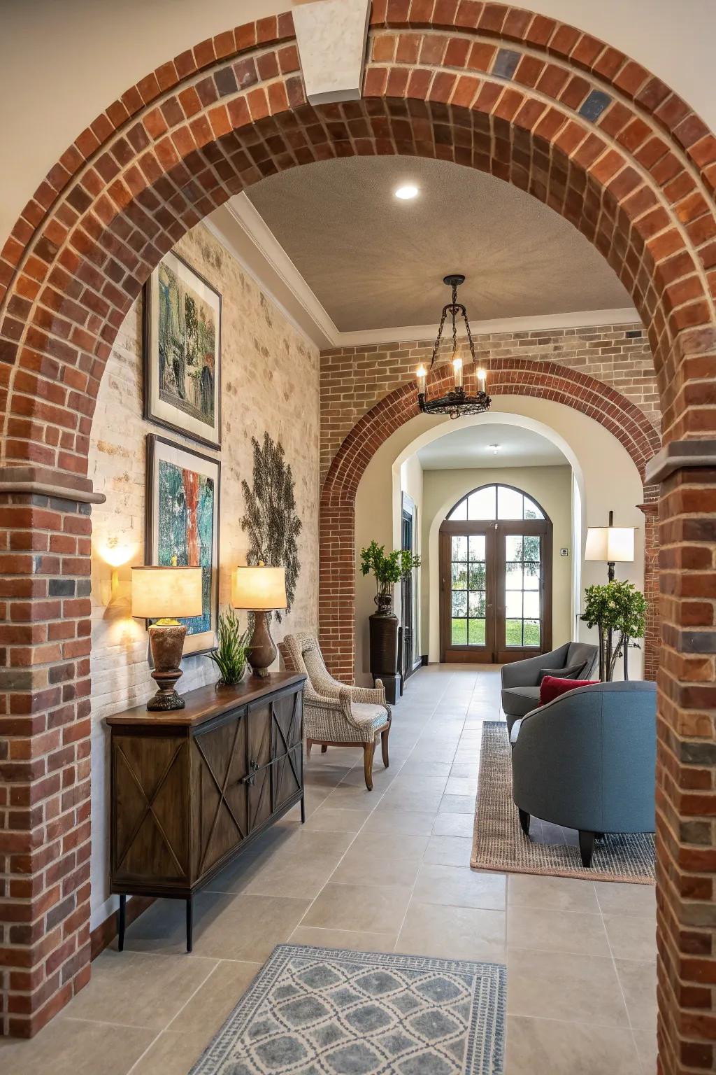 An entryway featuring character through detail-colored arches on the brick wall.