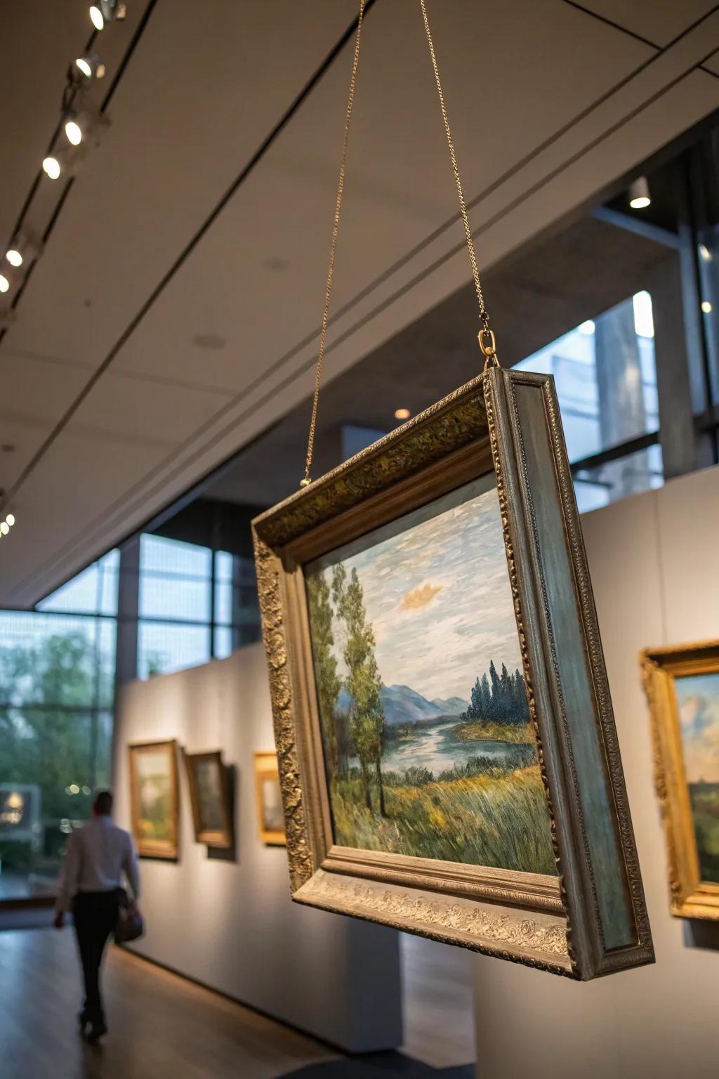 A suspended frame giving a contemporary touch to a painting.