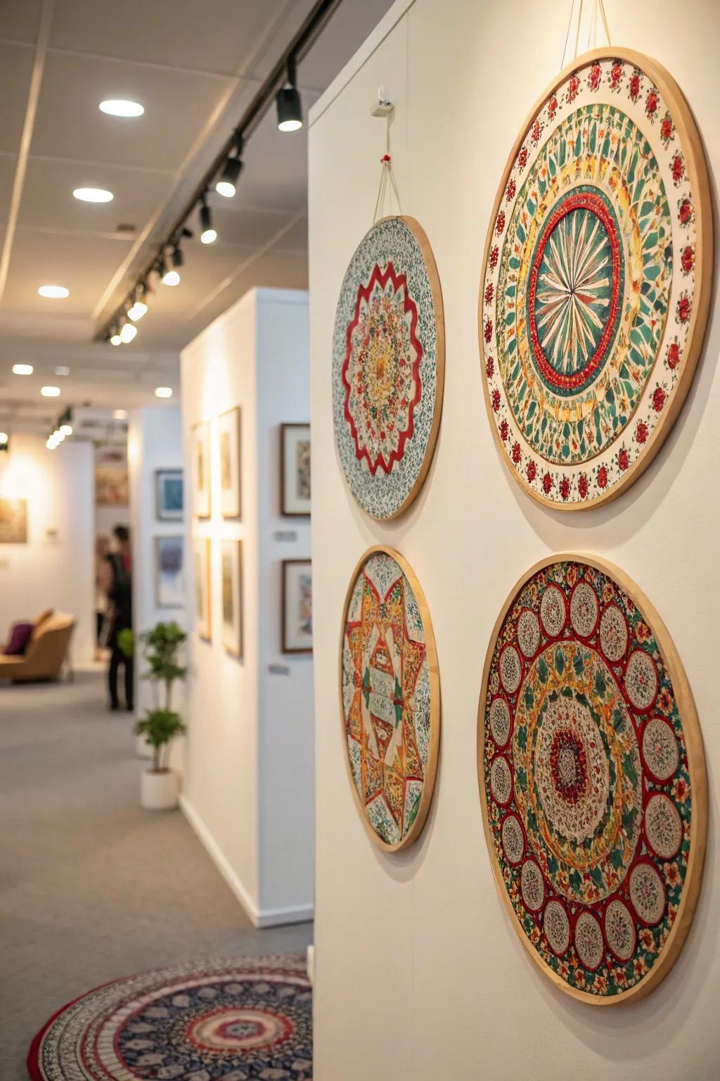 Room featuring artistic circular patterned panel designs.