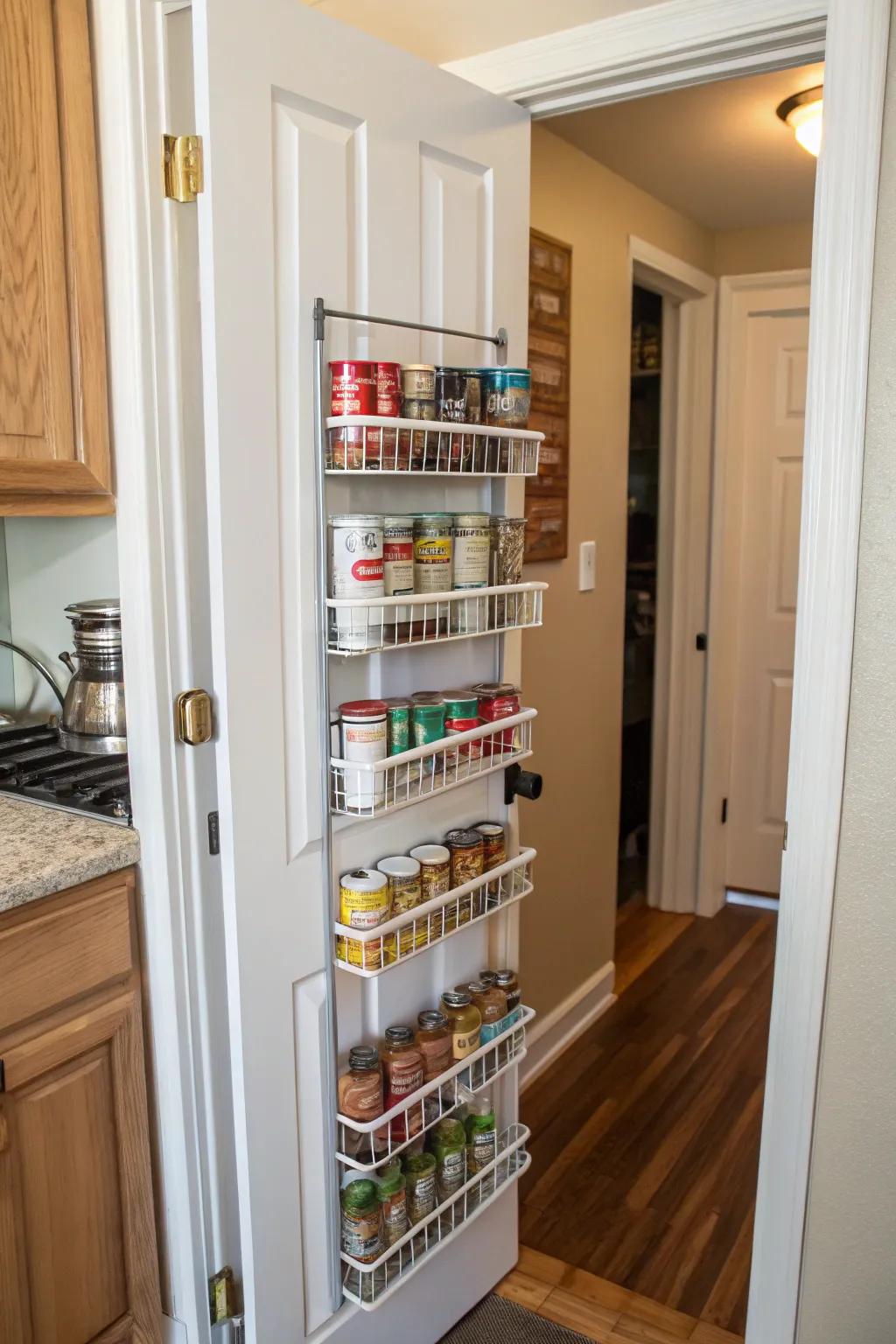 Fully utilize your pantry door through added storage.