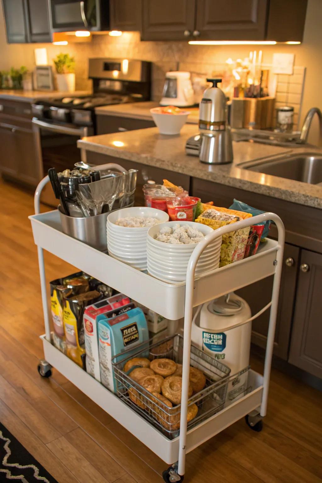A mobile cart offers adaptable and convenient storage.