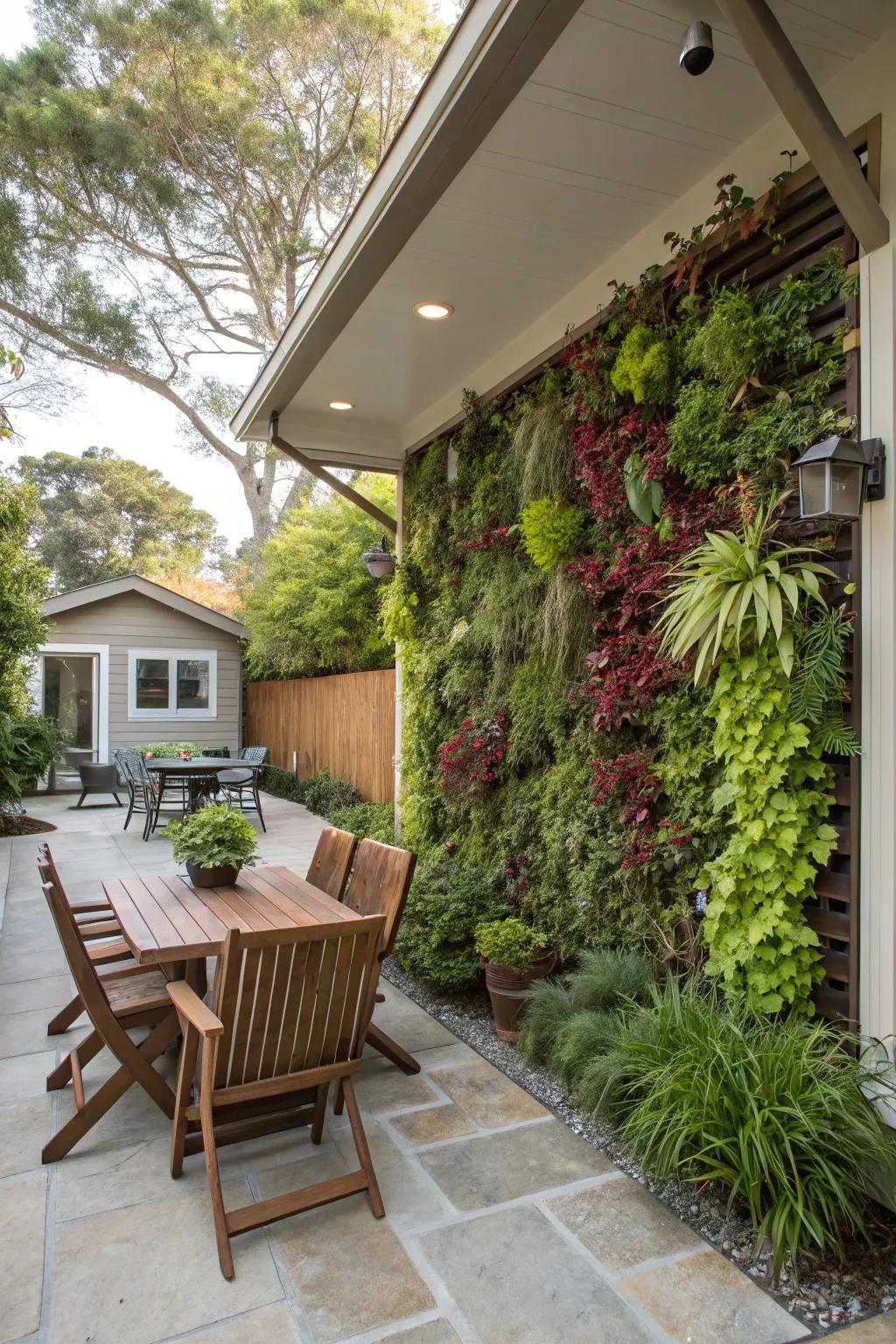 Vertical greenery brings subtle shade to your patio.