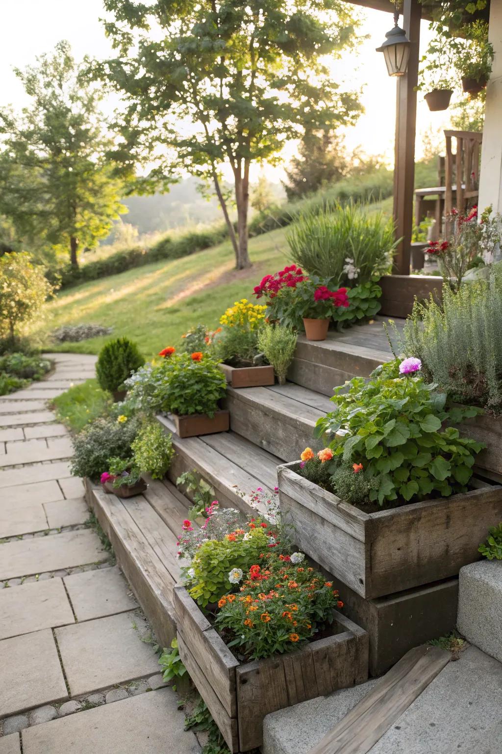 Planters add life and color to patio steps.