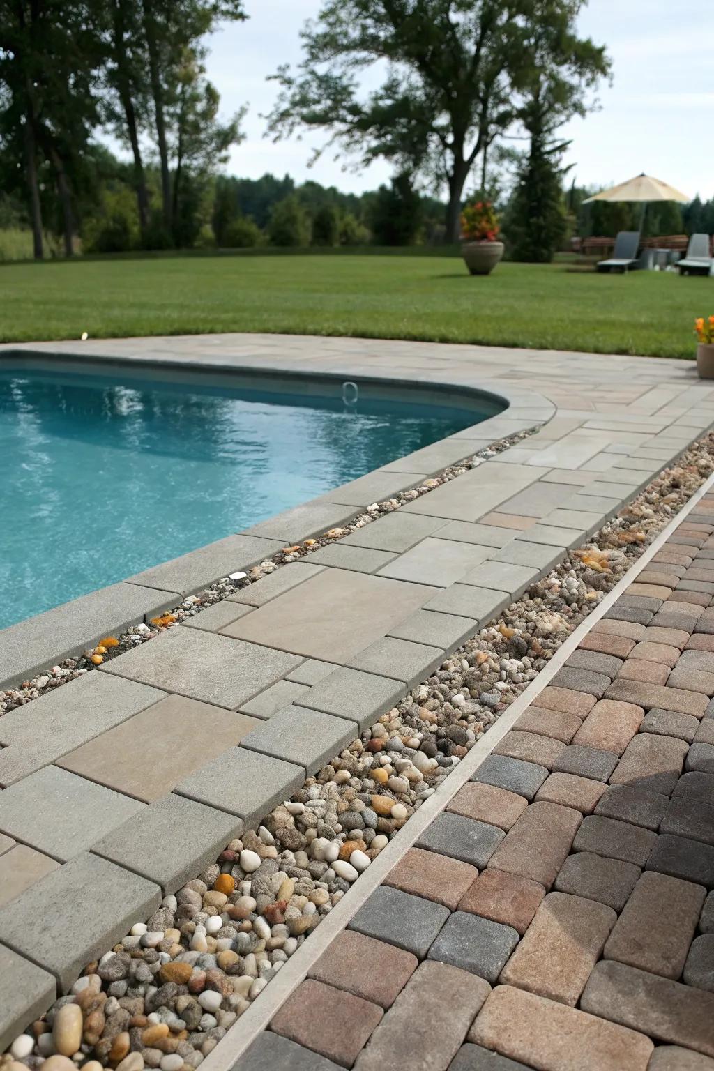 Pebble outlines add texture and contrast to the paver layout.