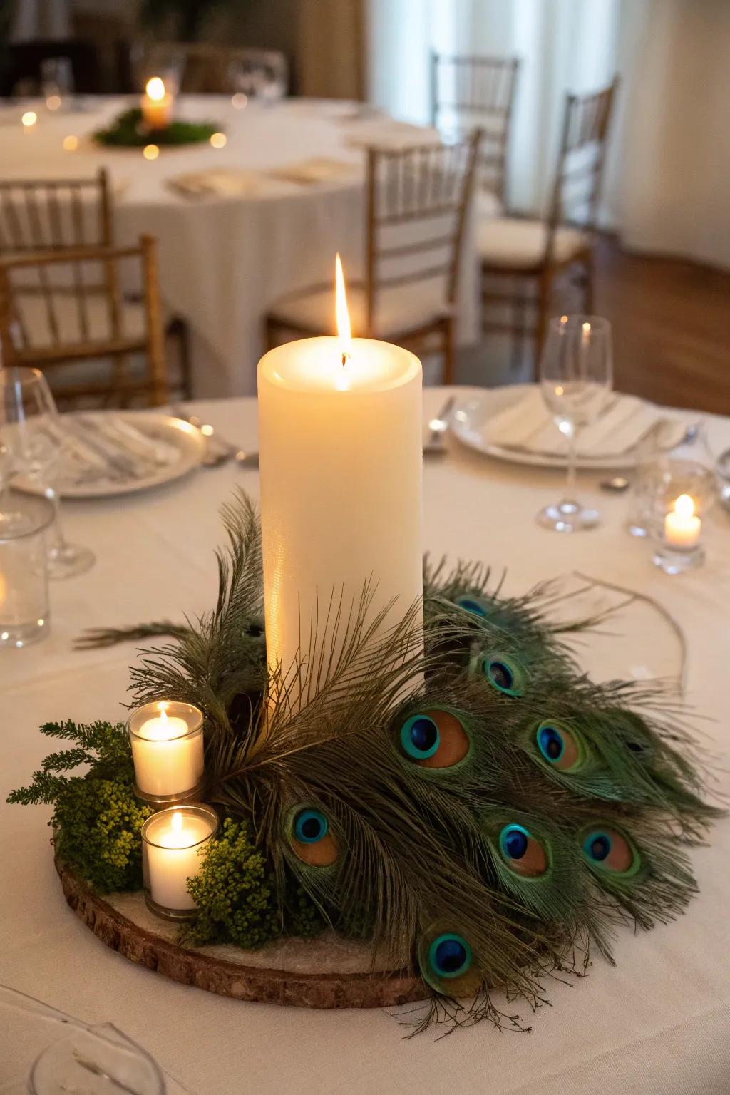 A cozy centerpiece featuring plume bird quills and candlelight.