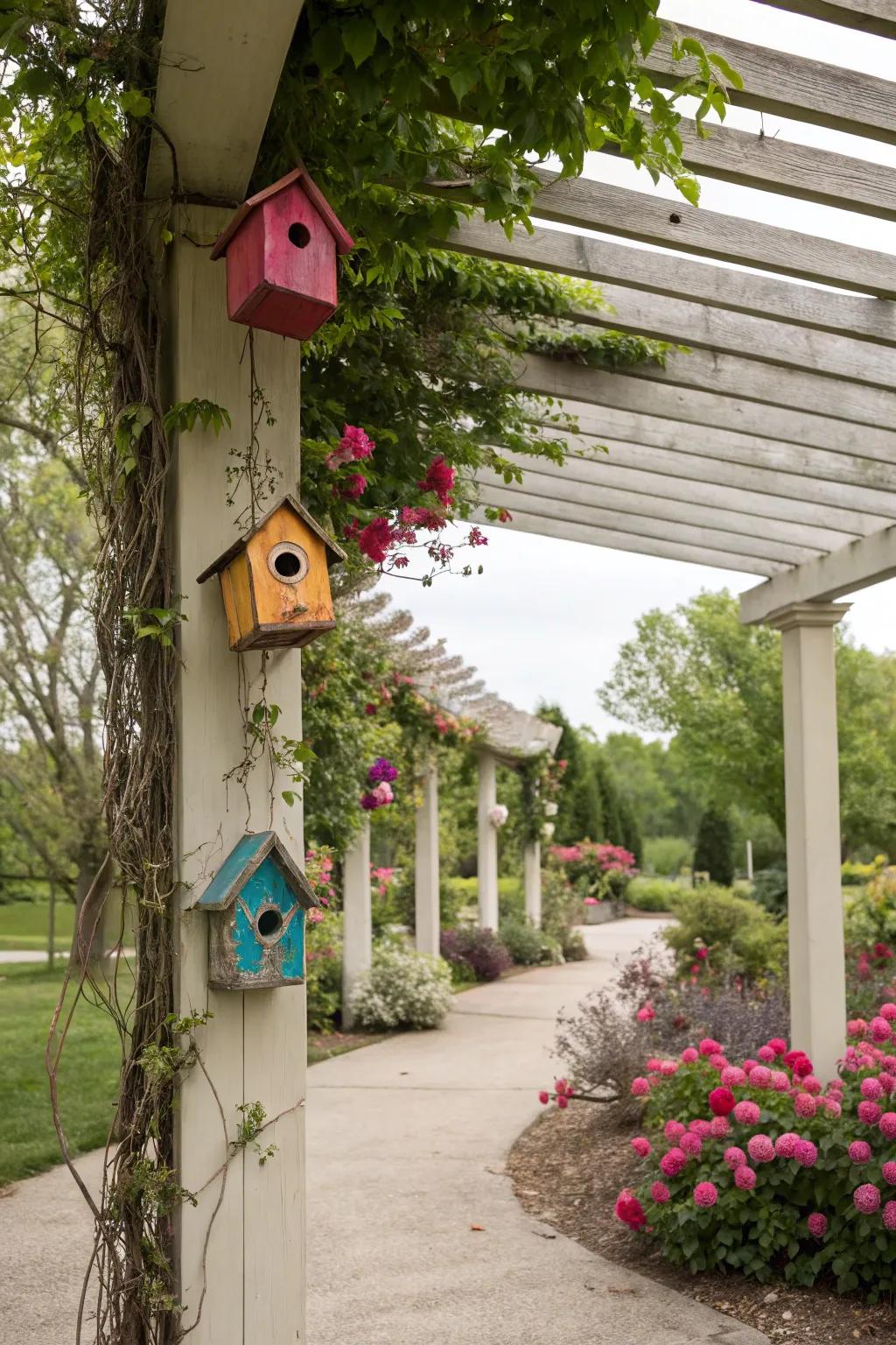 Charming birdhouses add charm and welcome nature to your pergola.