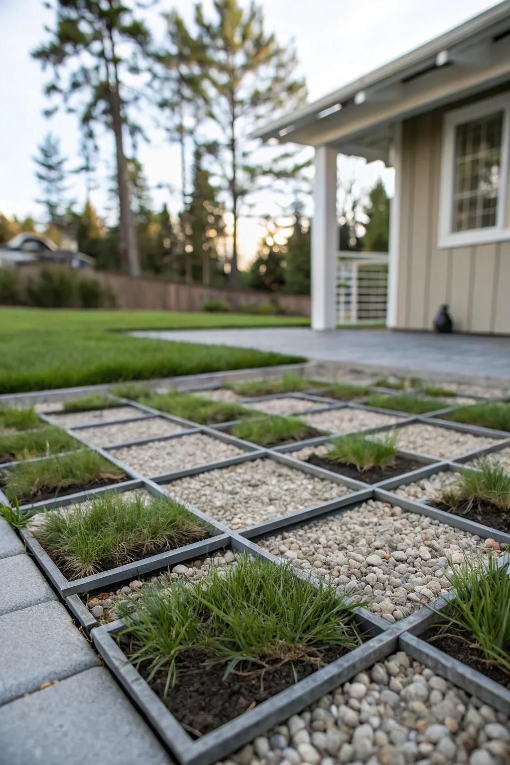 Plastic grids filled with gravel and grass provide stability and permeability.