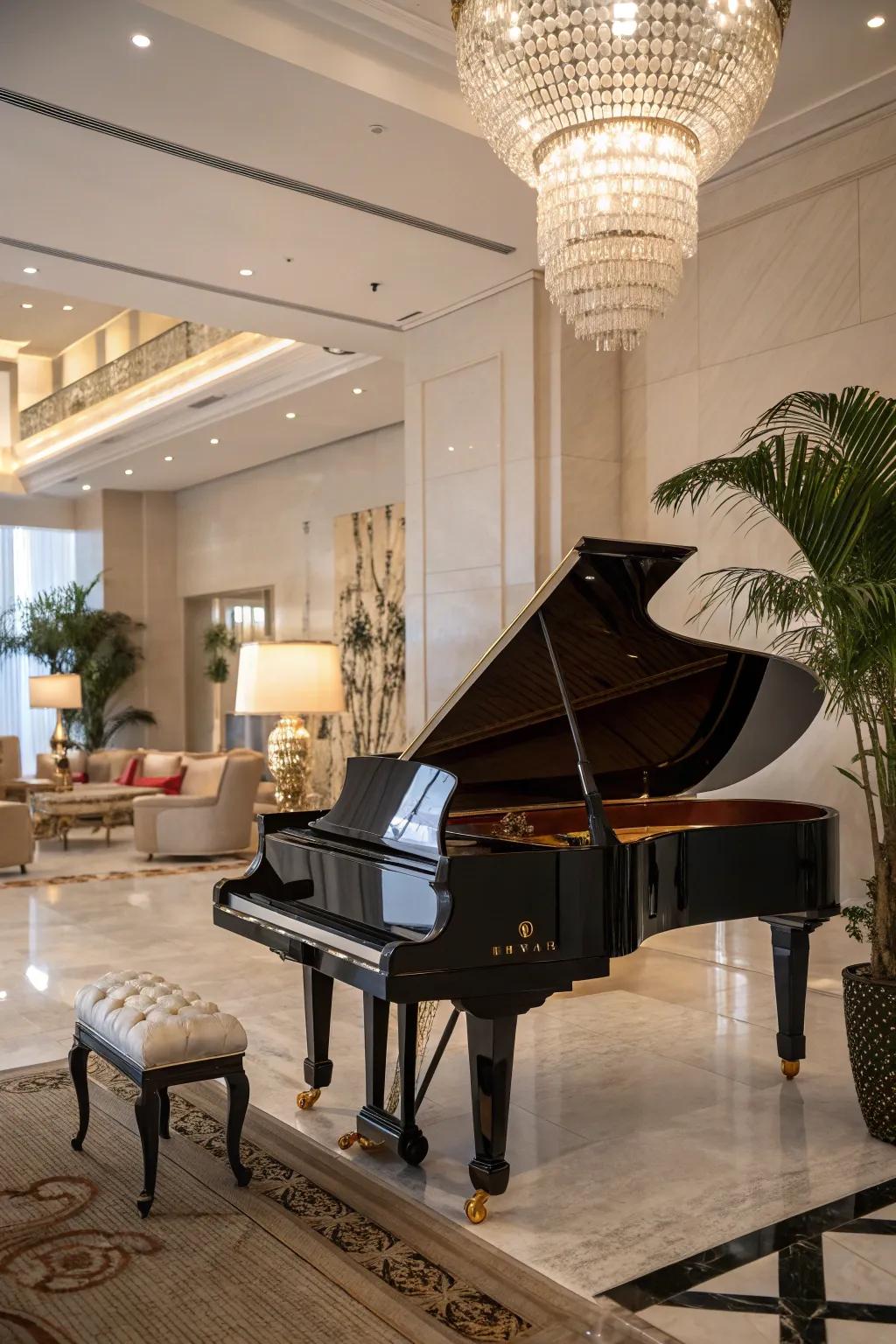 The piano is the focal point as the area's main feature.