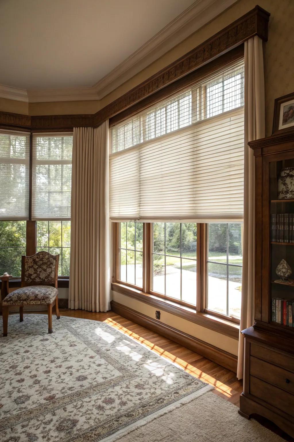 Traditional home featuring upright louvers offering light management on an expansive bay window.