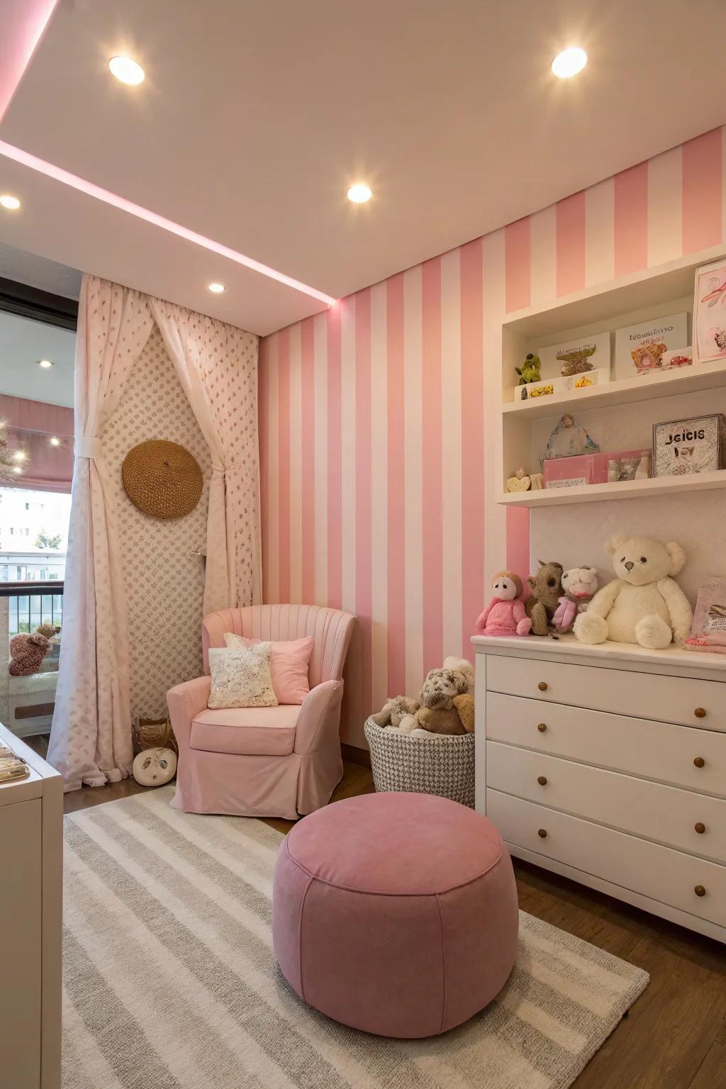 A nursery featuring chic pink banding that contributes a lively tempo.