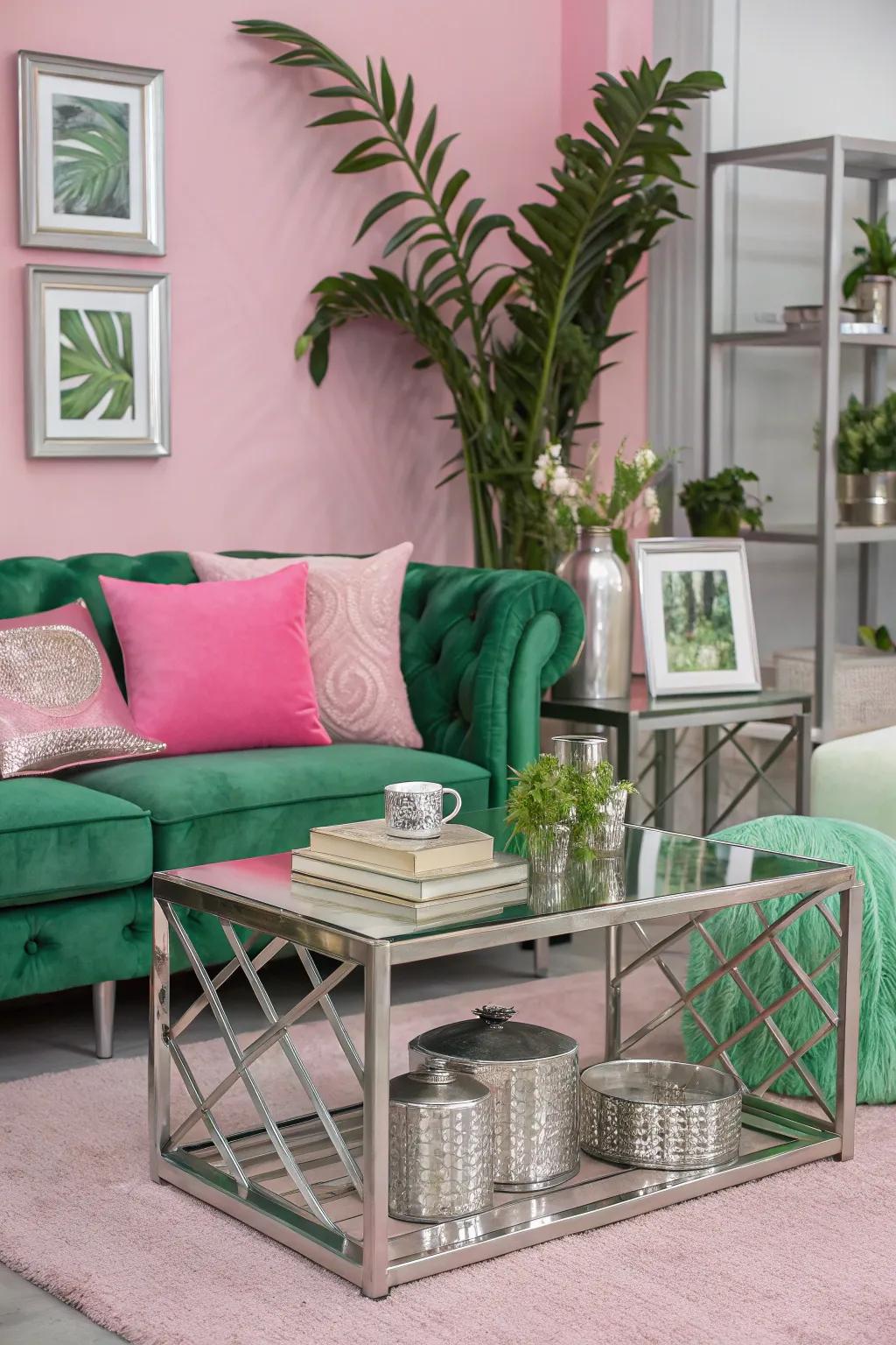 Combined metallics with rose and verdant create a modern vibe.
