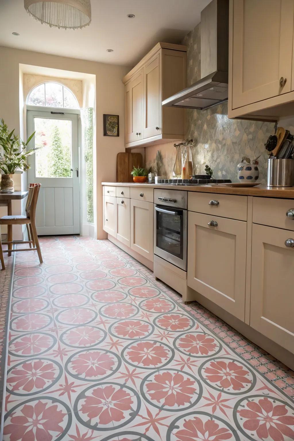 Patterned surface uniting rose and grey tones.
