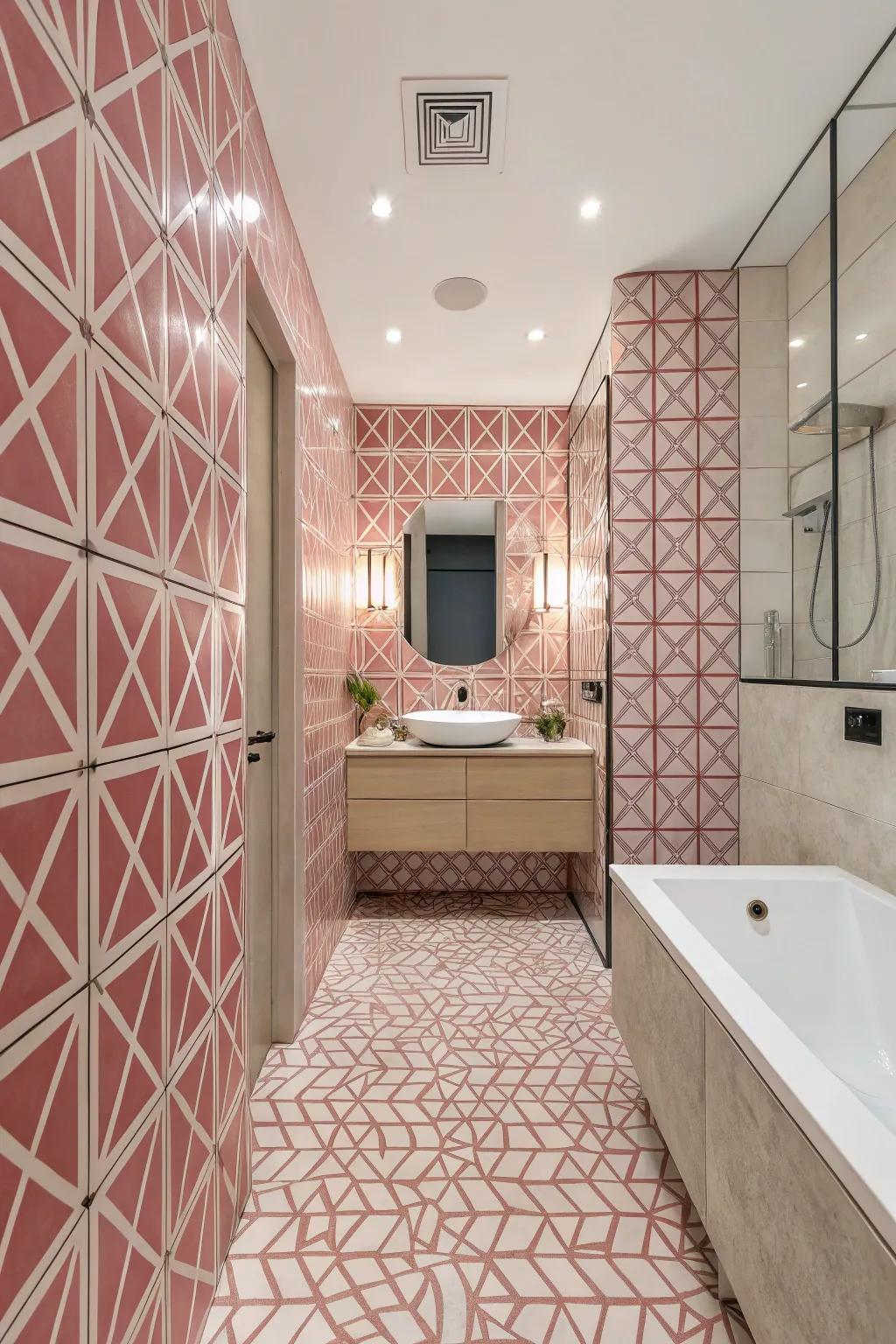 Geometric rose-tinted tiles contributing a modern element to the bathroom.