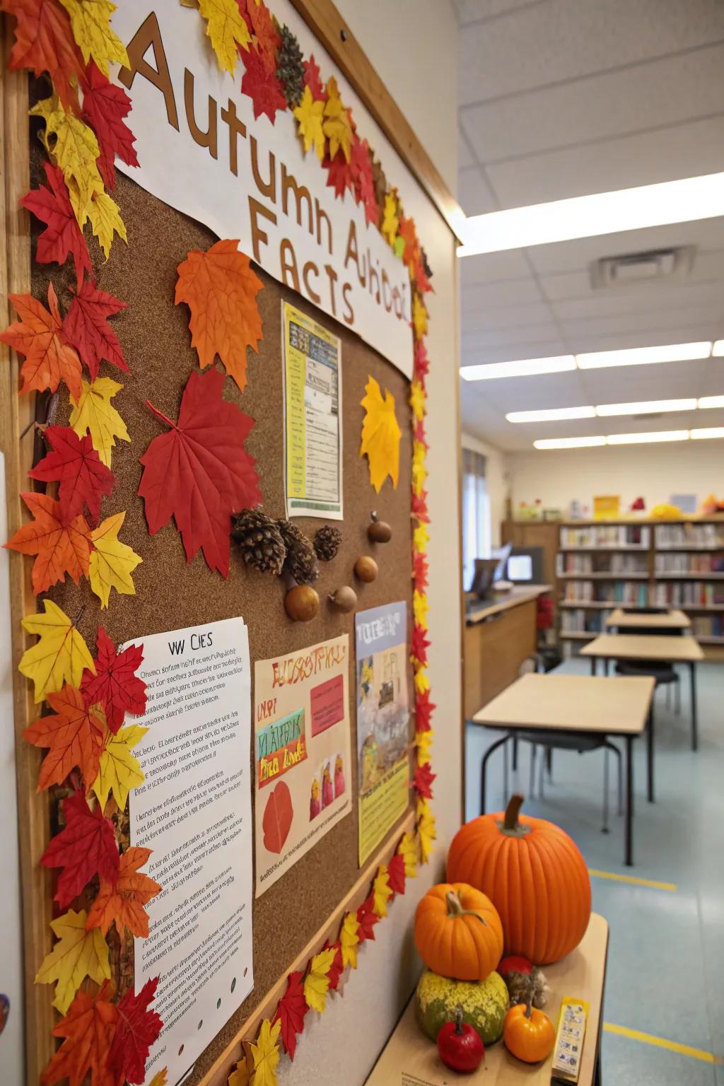 An educational fall pin board with fun facts about the season.