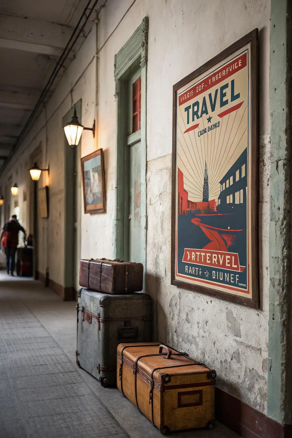 A vintage-style travel print evoking nostalgia in a corridor.